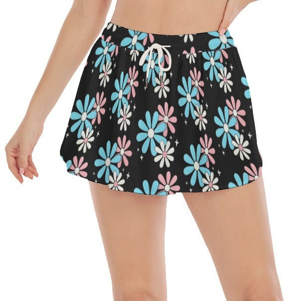 Blue Pink White All Over Big Daisies Black Sports Exercise Skort