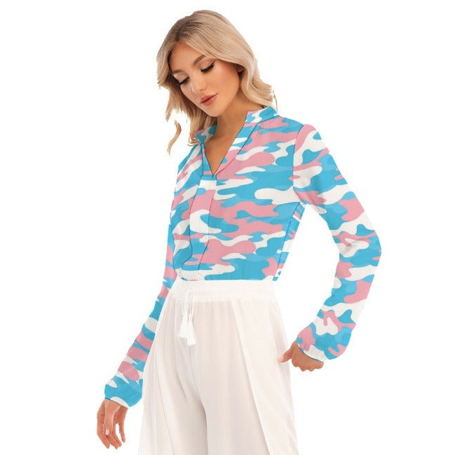 Blue Pink White Pride Camouflage V-Neck Long-Sleeved Blouse