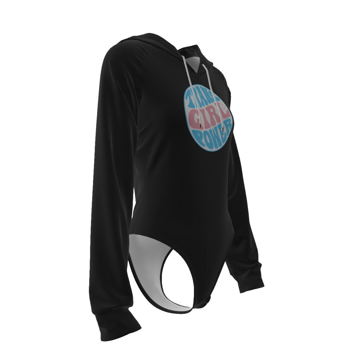 Teen Blue Pink White 'TRANS GIRL POWER' Pride Black Raglan Sleeve Hooded Bodysuit