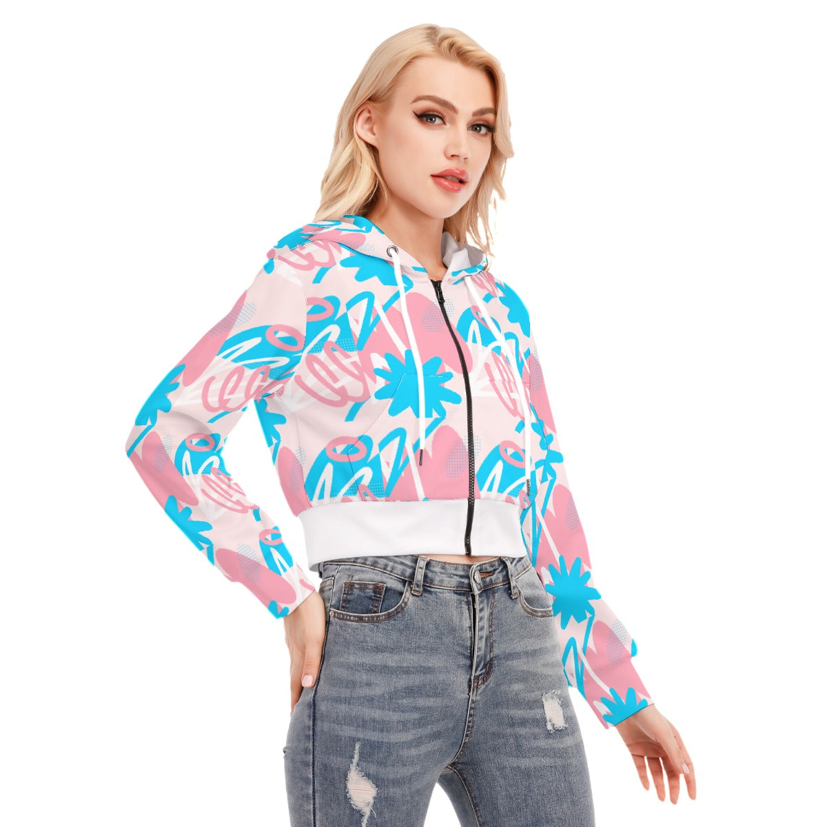 Teen Blue Pink White Pride Doodled Cropped Hooded Jacket