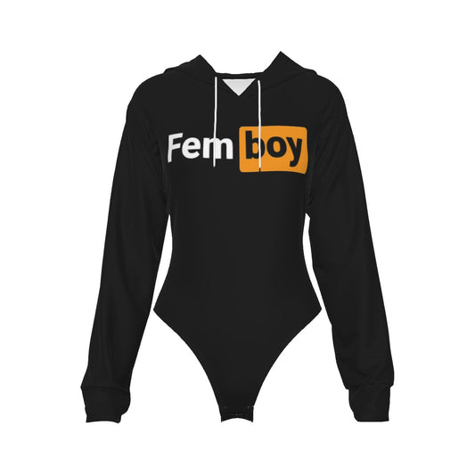 Fem Boy Teen Black Raglan Sleeve Hooded Bodysuit