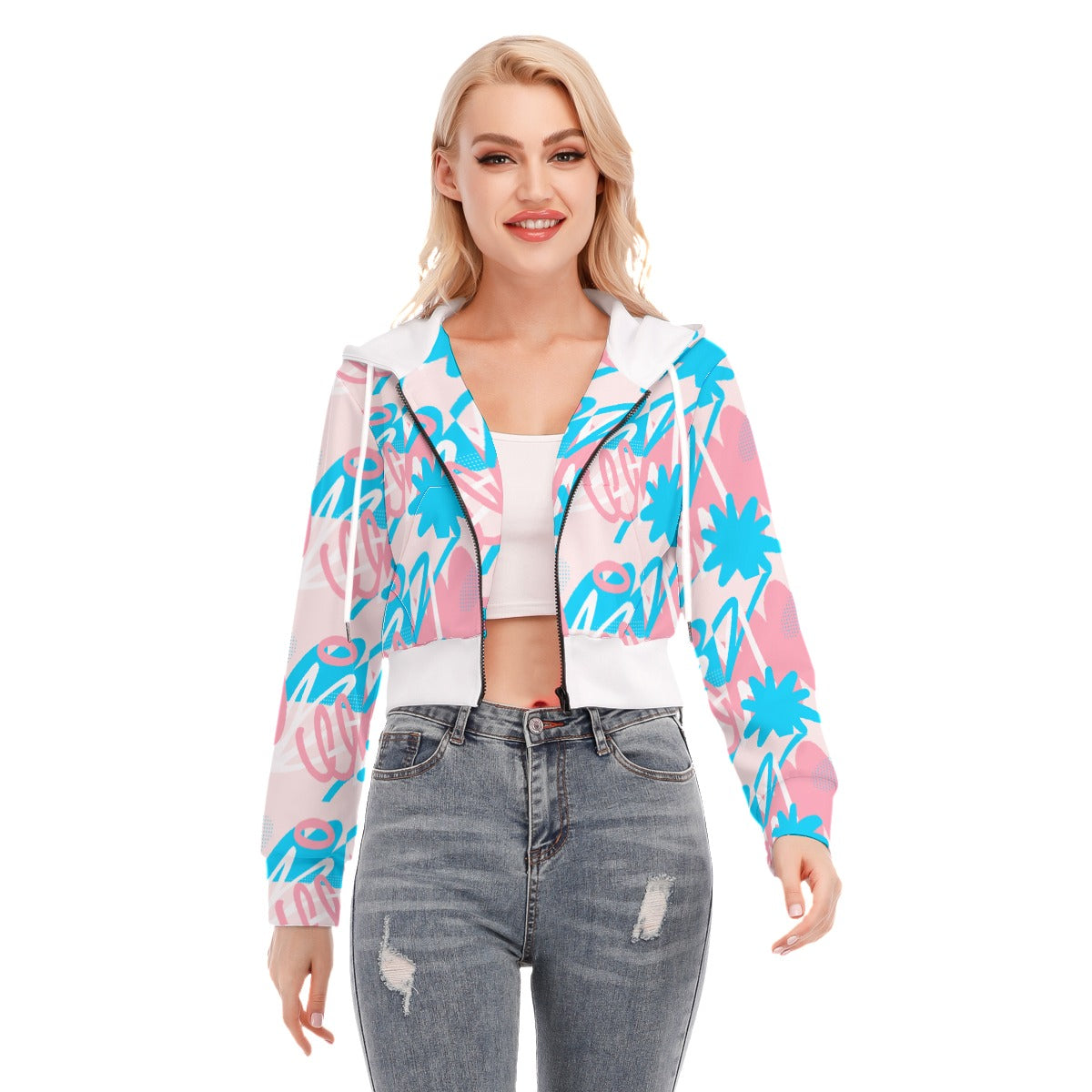 Teen Blue Pink White Pride Doodled Cropped Hooded Jacket