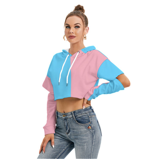 Teen Blue Pink White Cut-Sleeved Cropped Hoodie