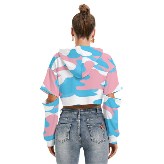 Teen Blue Pink White Cut-Sleeved Cropped Hoodie
