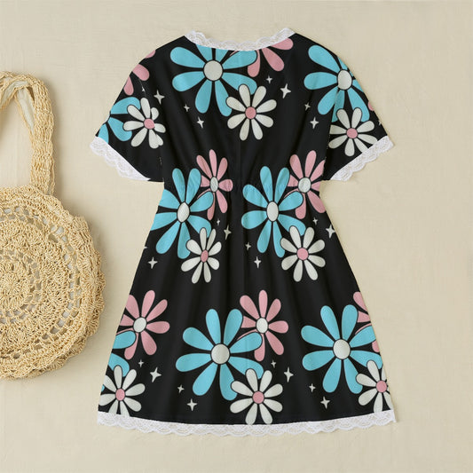 Plus Size Blue Pink White Big Daisies Series Lace Edged Black Babydoll Style Nightie