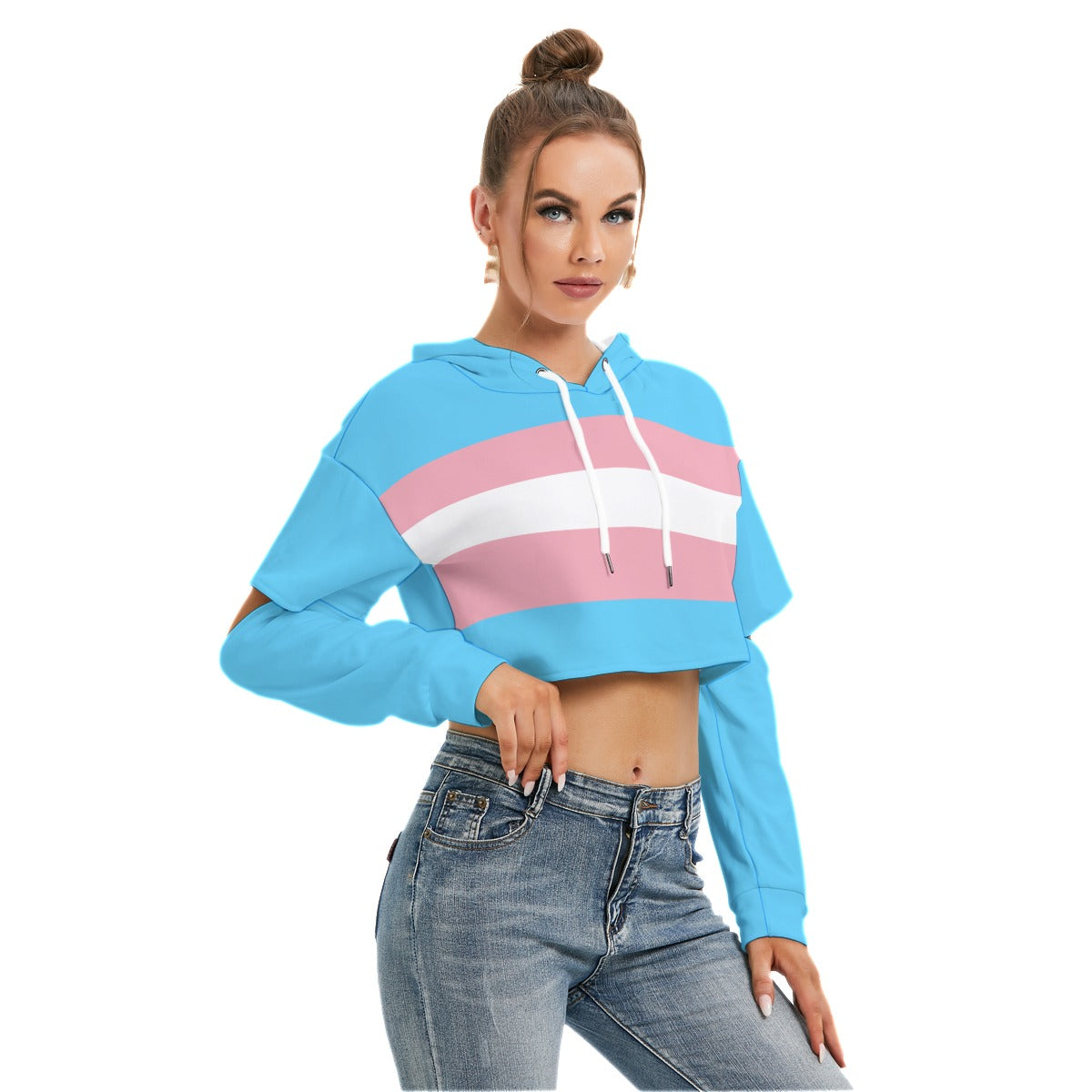 Teen Blue Pink White Cut-Sleeved Cropped Hoodie