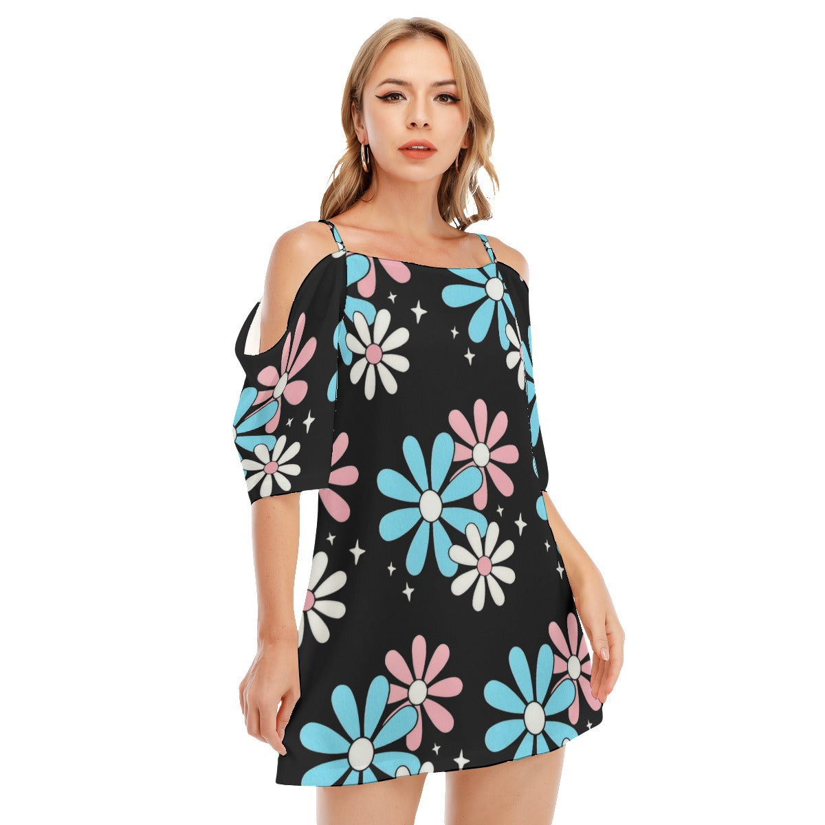 Blue Pink White Big Daisies Pride Series Black Off-Shoulder Cami Dress