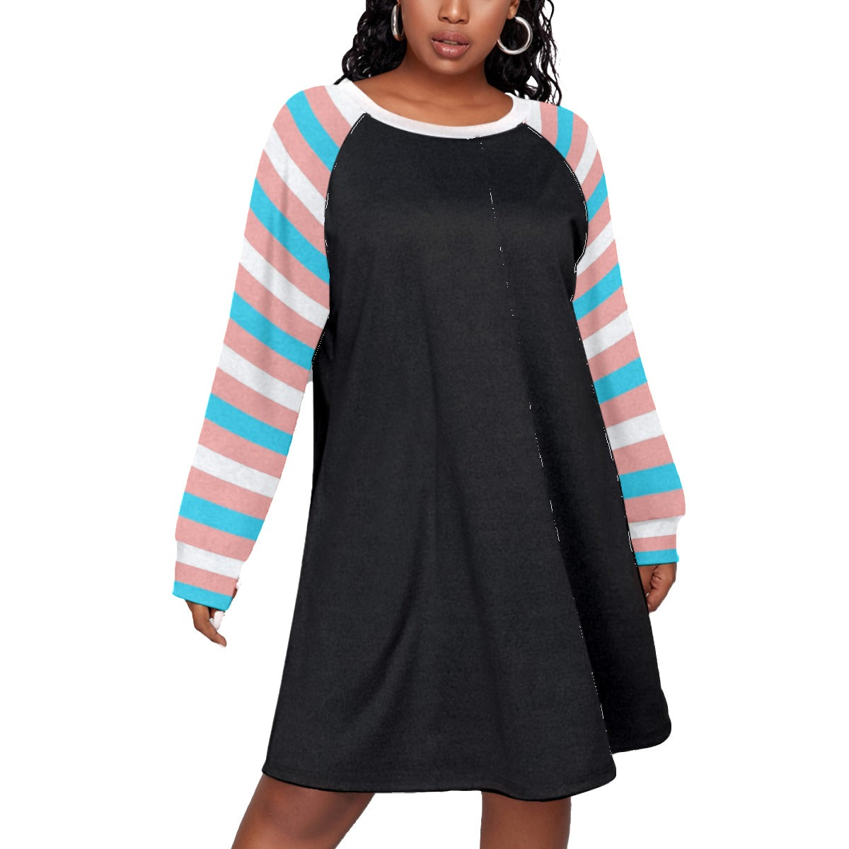 Plus Size Blue Pink White Pride Candy Stripe Sleeves Classic Round-Neck Black Dress