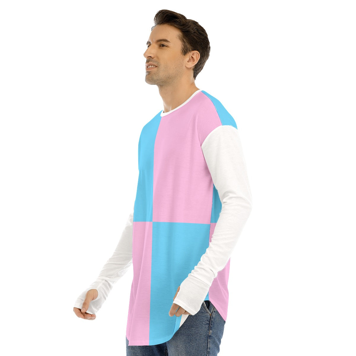 Plus Size Blue Pink White Pride Harlequin Long Fingerless-Gloved Sleeve Boyfriend T-Shirt