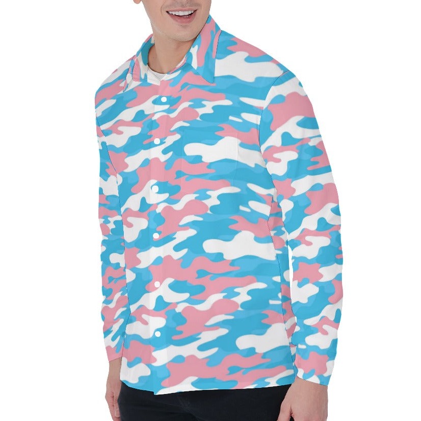 Trans Coloured Trans Pride Camouflage Casual Long-Sleeved Boyfriend Shirt