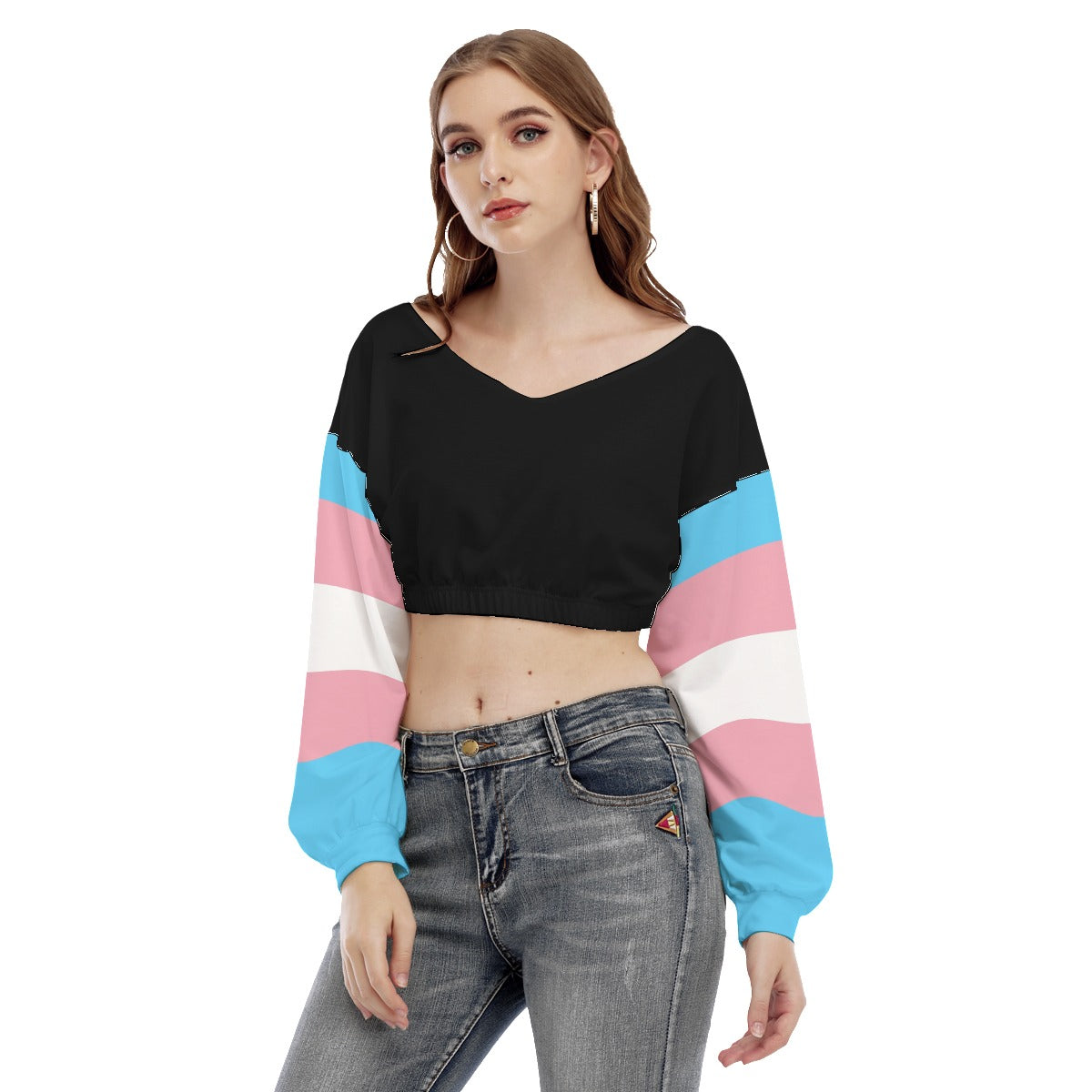 Blue Pink White Trans Pride Sleeved Cropped Black Sweatshirt