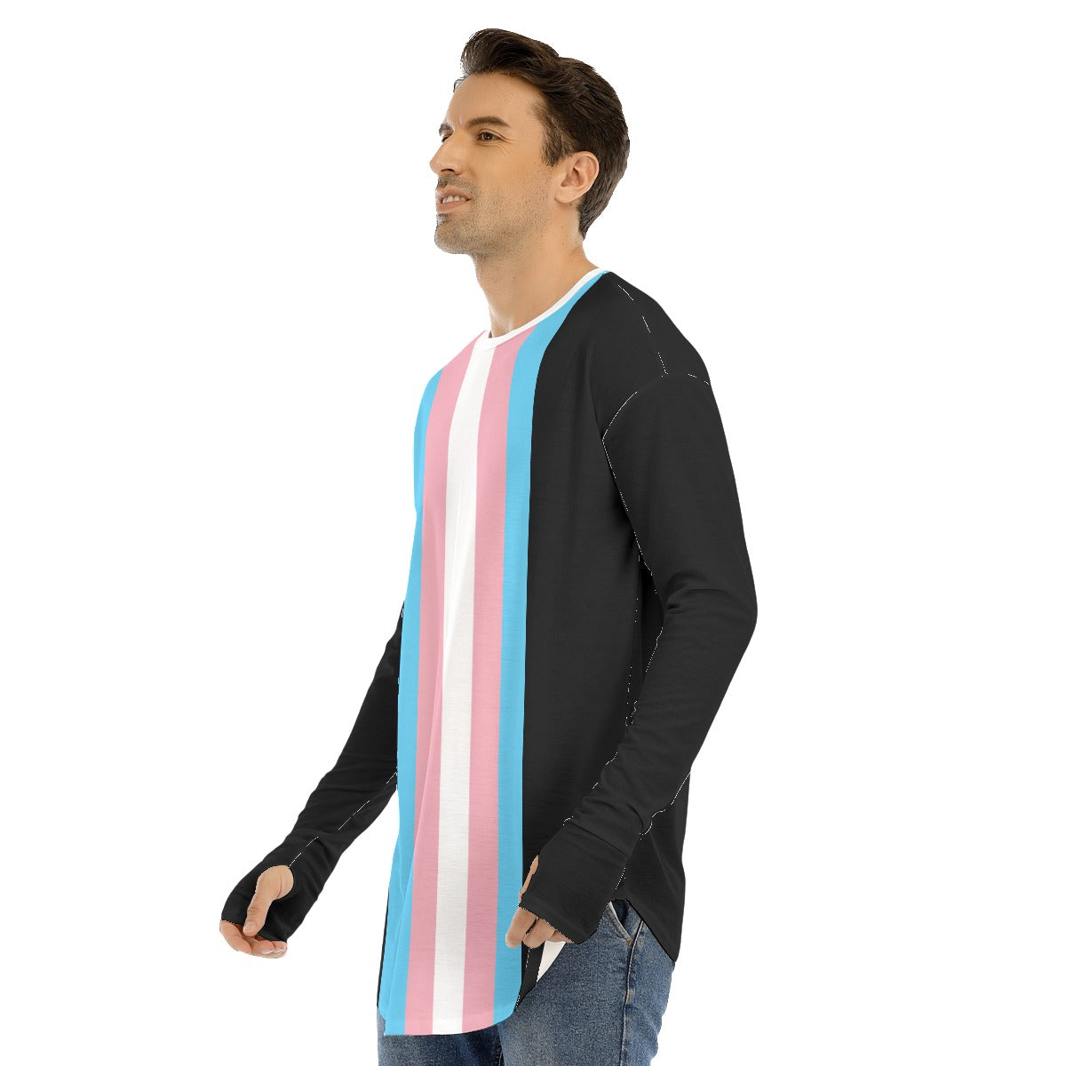 Plus Size Blue Pink White Pride Long Black Fingerless-Gloved Sleeve Boyfriend T-Shirt
