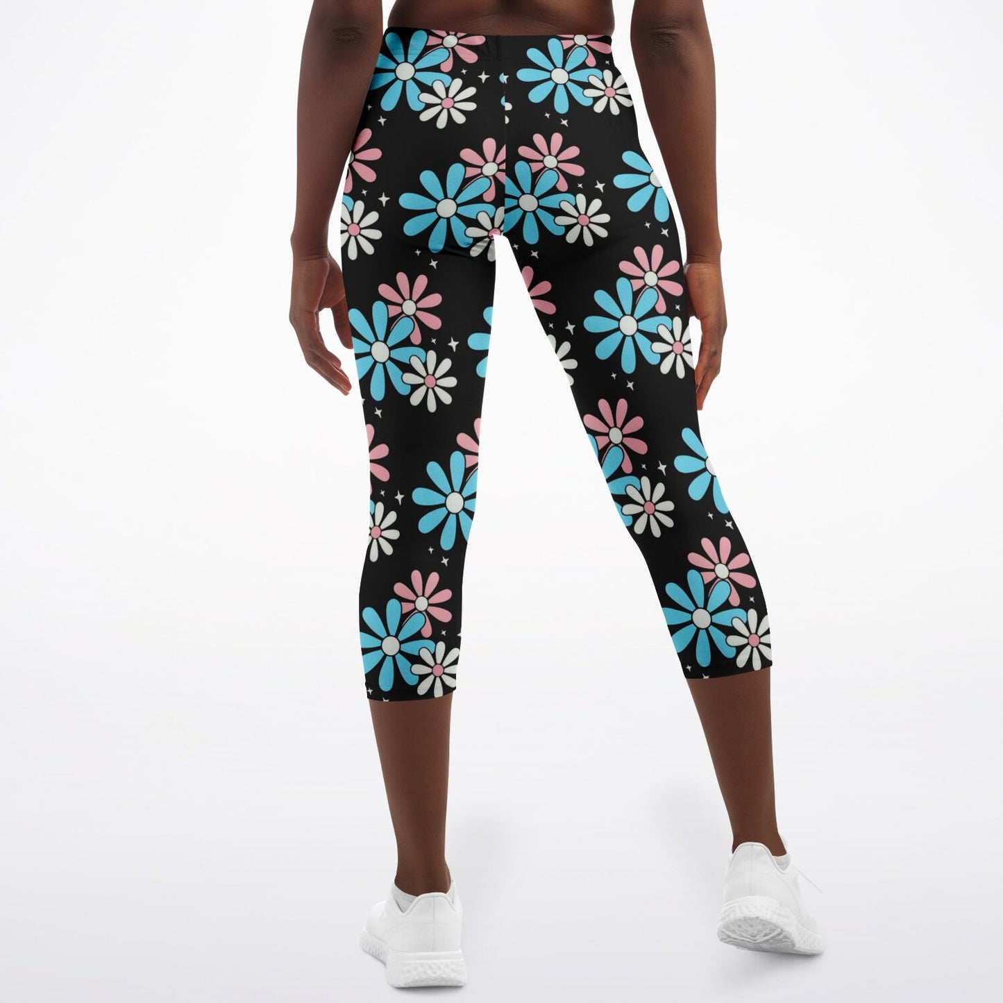 Blue Pink White Big Daisies Series Black Pilates Yoga Capri