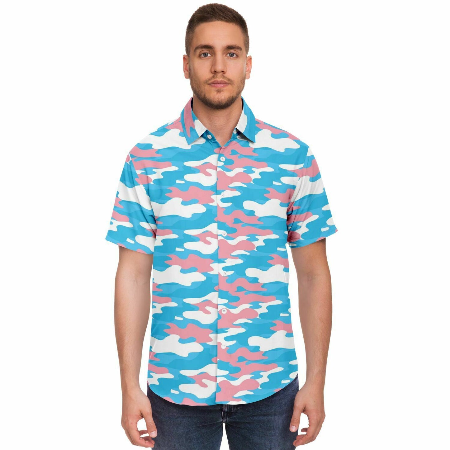 Blue Pink White All Over Pride Camouflage Boyfriend Short Sleeved Shirt