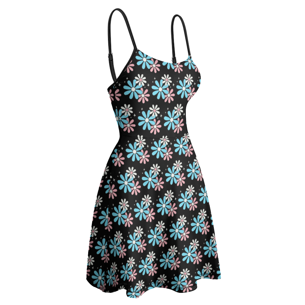 Blue Pink White Big Daisies Series Black Sling Short Dress