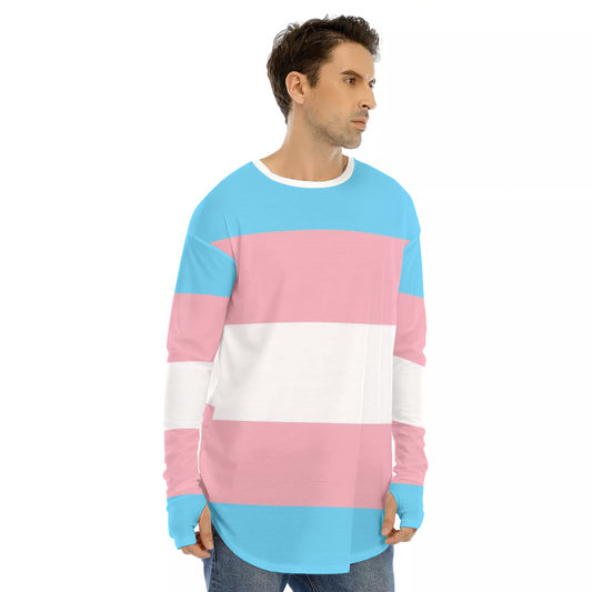 Plus Size Blue Pink White Pride Long Fingerless-Gloved Sleeve Boyfriend T-Shirt