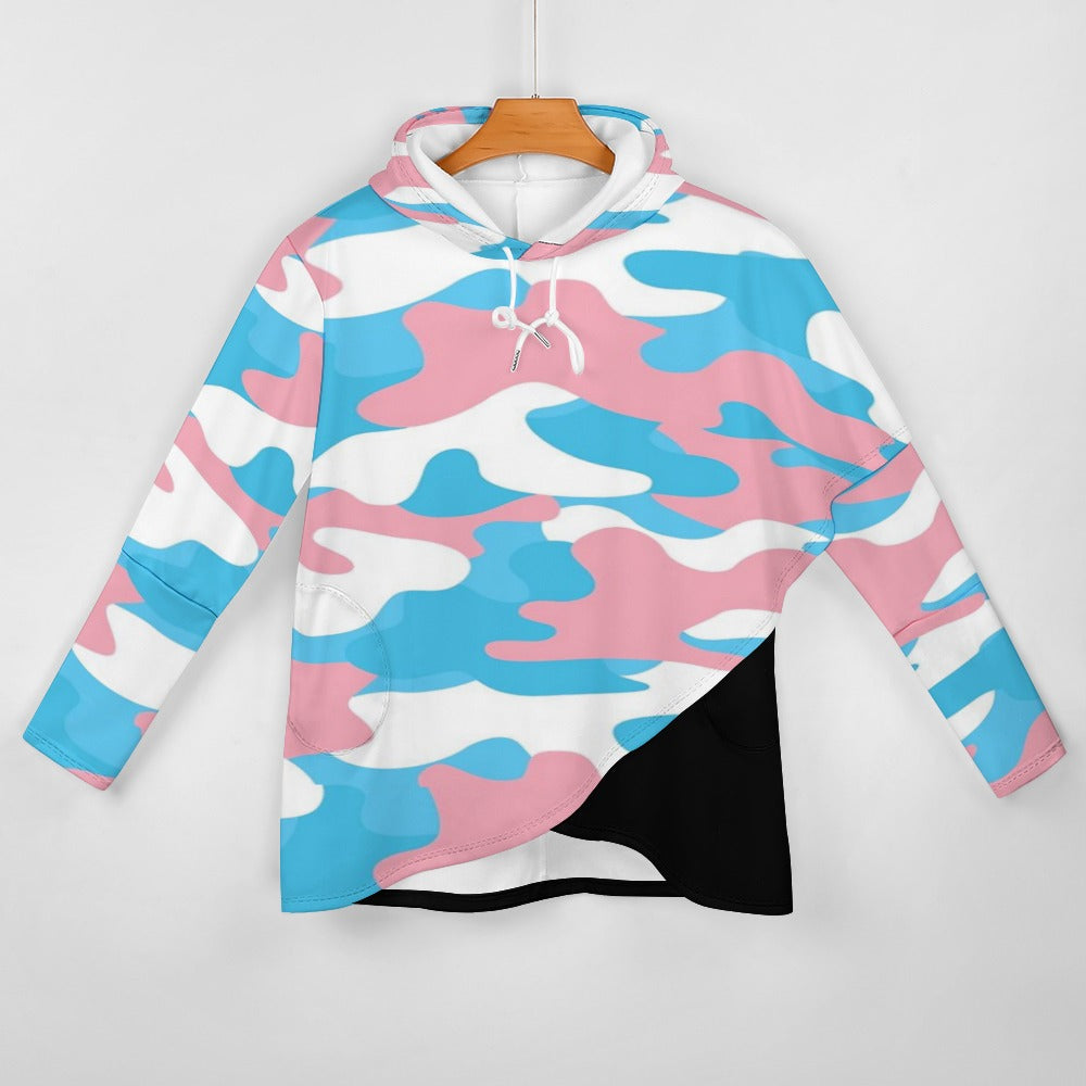 Plus Size Blue Pink White Pride Camouflage/Black Asymmetric Hooded Sweatshirt