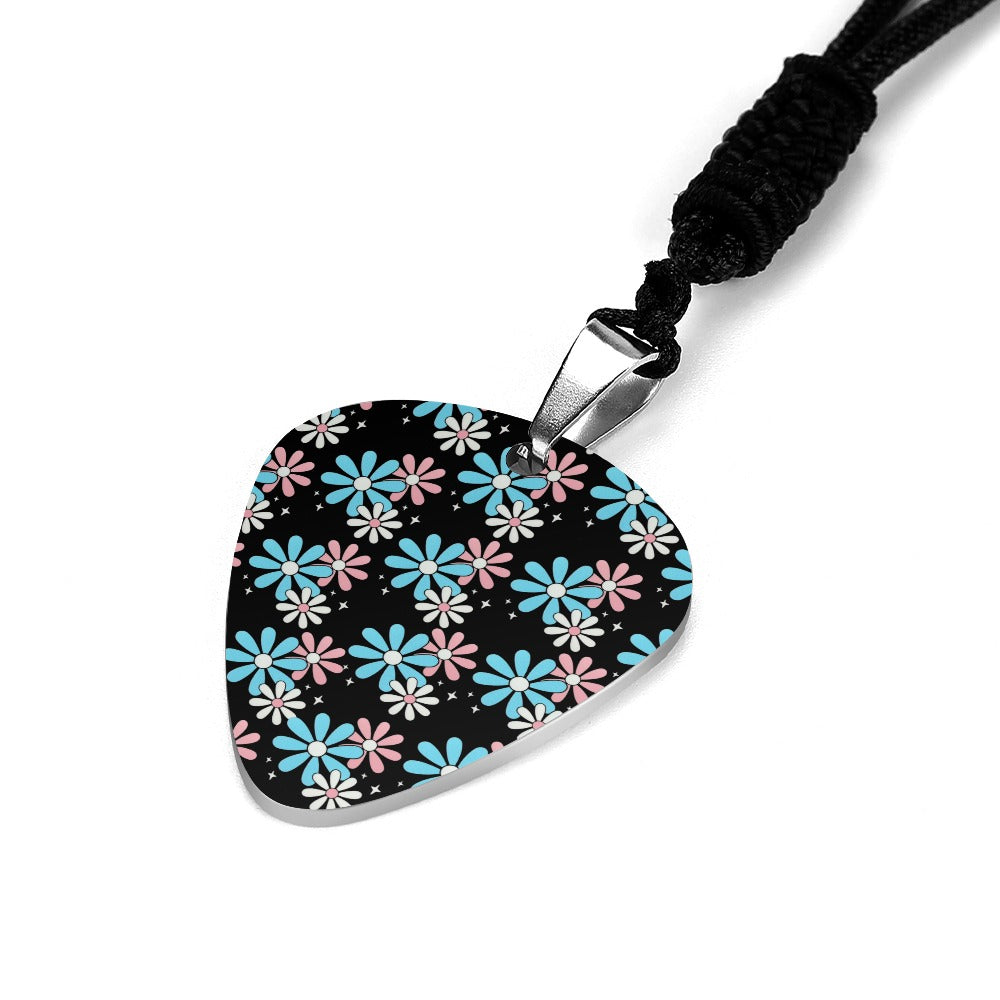 Blue Pink White Big Daisies Titanium Steel Guitar Pick Pendant Necklace