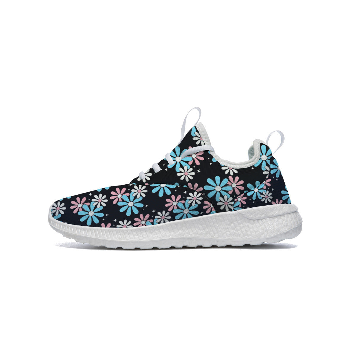 Blue Pink White Big Daisies Pride Black Canvas Low Cut Sneakers
