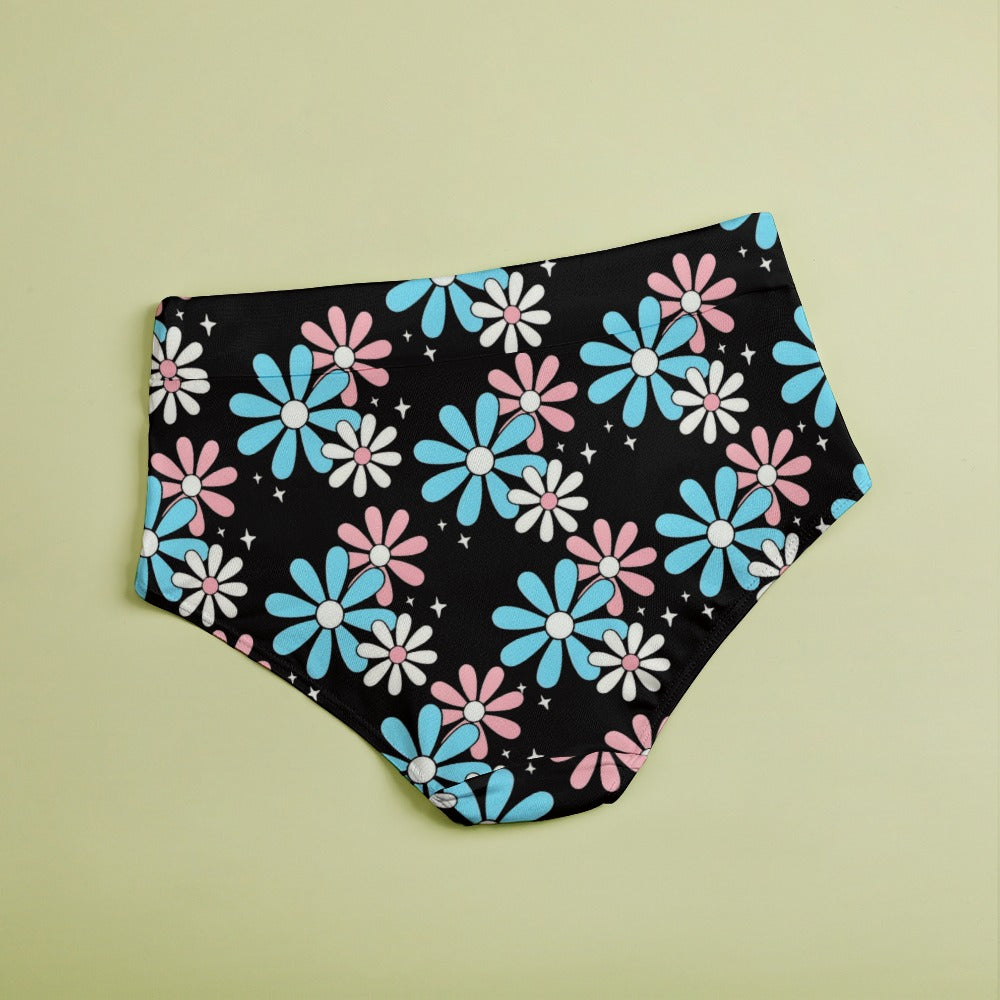 Blue Pink White Big Daisies Pride Black Statement High-Waist Knickers