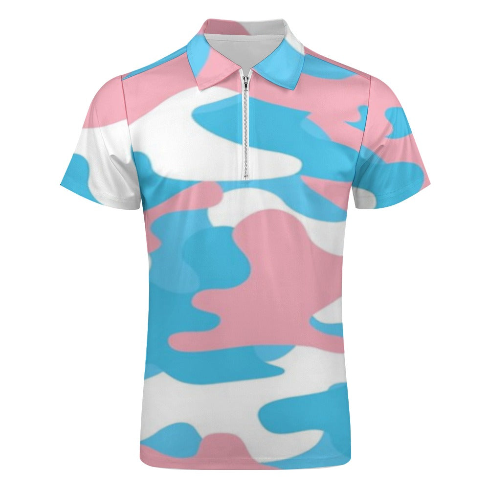 Plus Size Blue Pink White All Over Pride Camouflage Half-Zip Boyfriend Polo