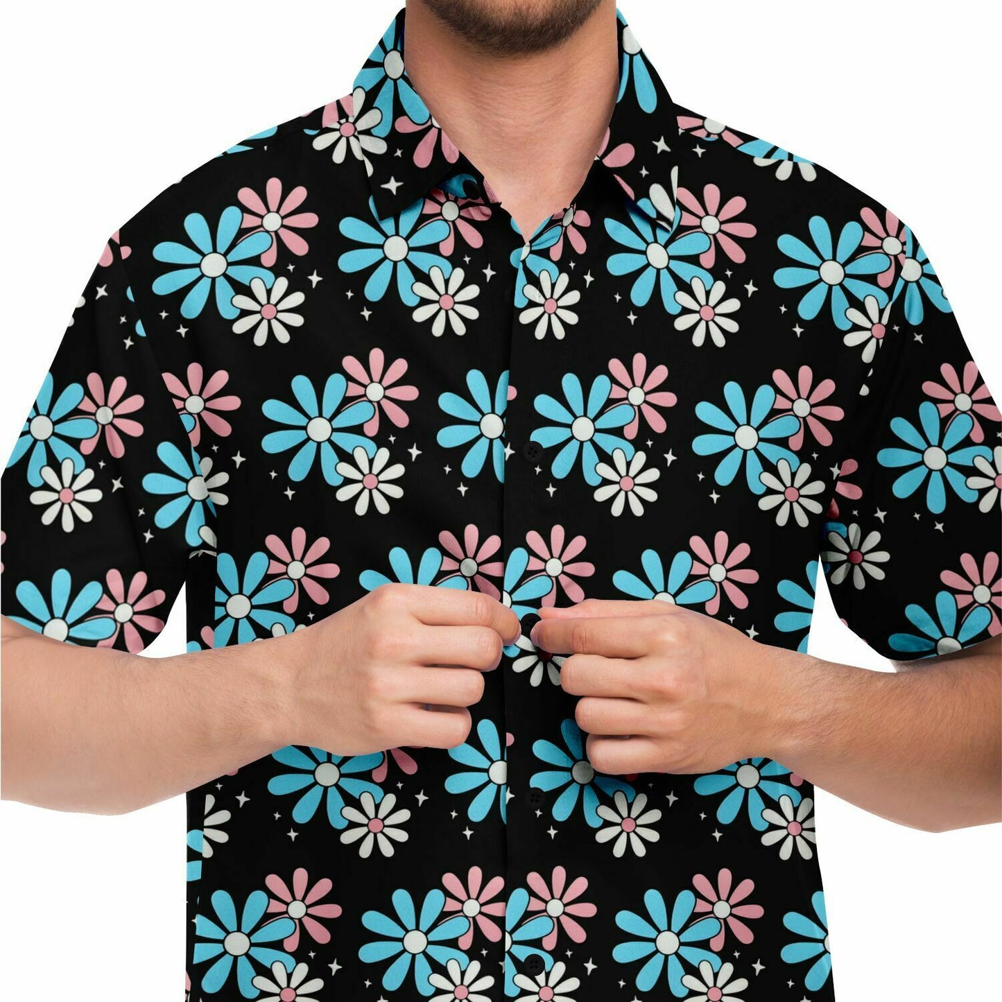 Blue Pink White Big Daisies Series Boyfriend Short Sleeved Shirt