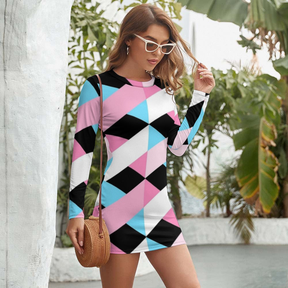 Blue Pink White Pride Lattice Series Black Long-Sleeve Round Neck Slim Dress