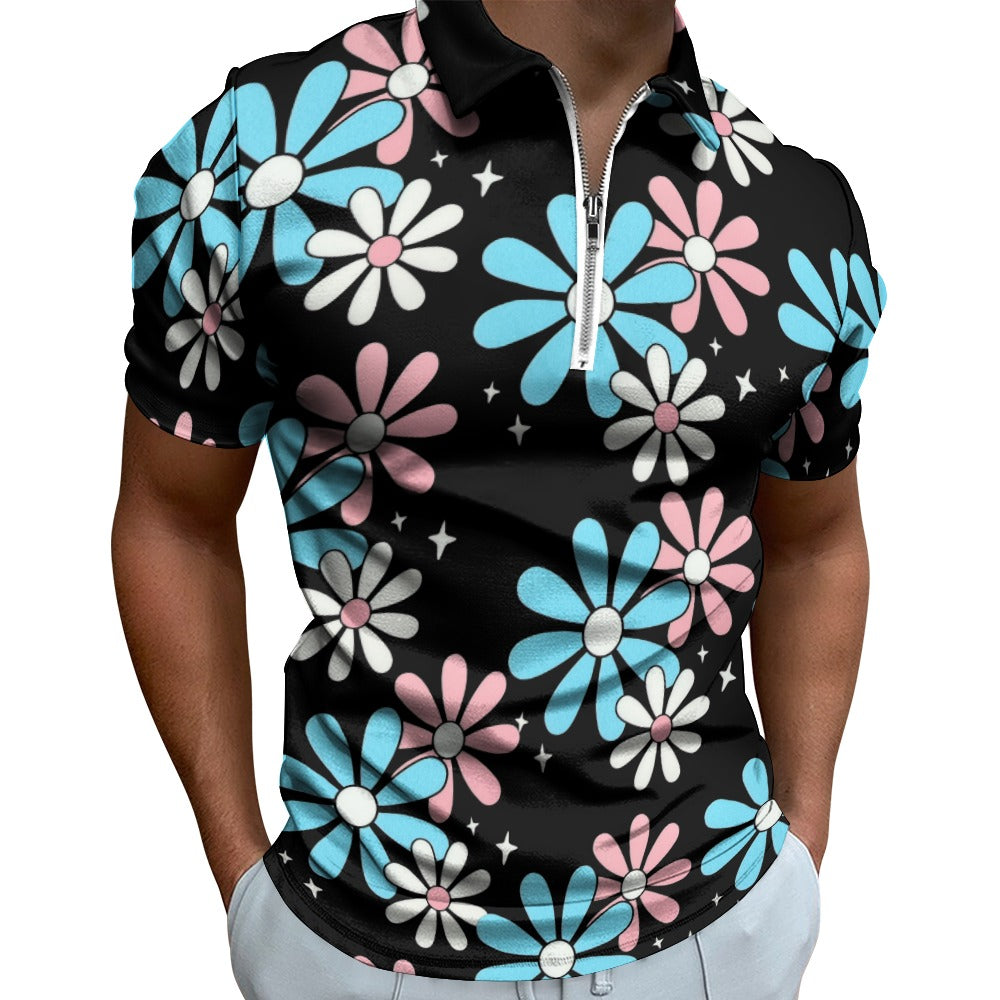 Plus Size Blue Pink White All Over Pride Big Daisies Series Half-Zip Boyfriend Polo