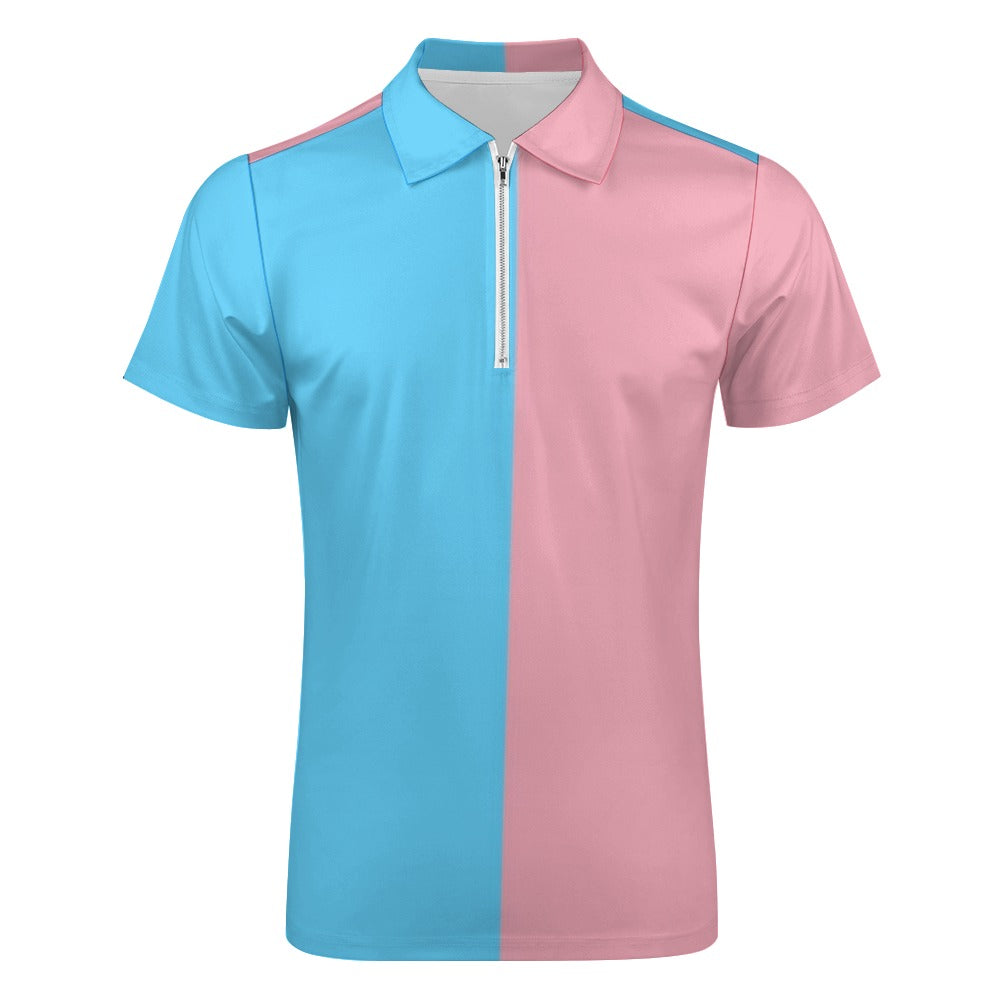 Plus Size Blue Pink White All Over Vive l'Paris Pride Half-Zip Boyfriend Polo