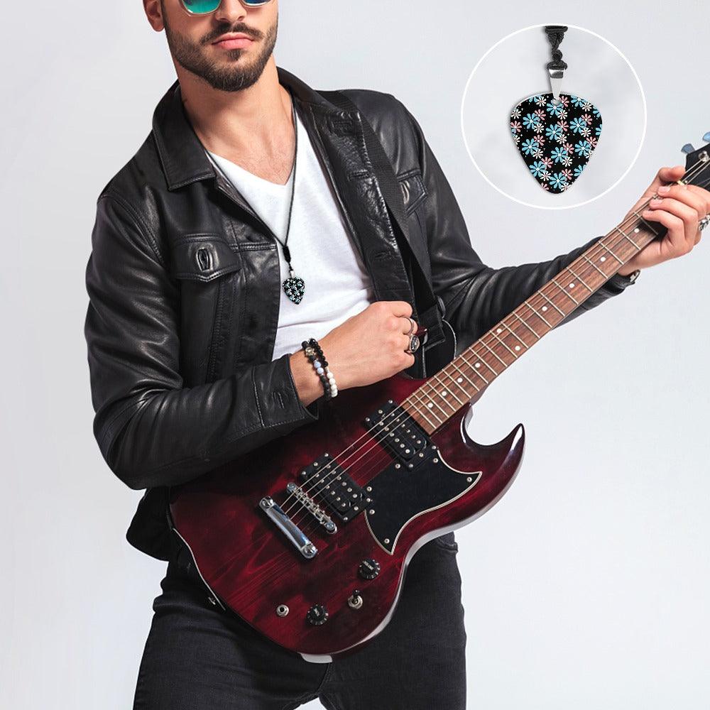Blue Pink White Big Daisies Titanium Steel Guitar Pick Pendant Necklace