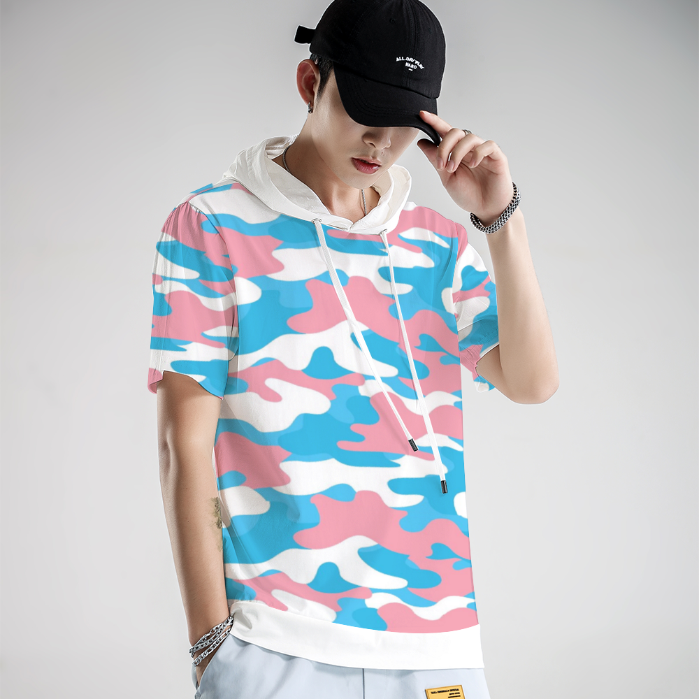 Teen - Plus Size Blue Pink White Pride Camouflage Short-Sleeved Hooded T-Shirt