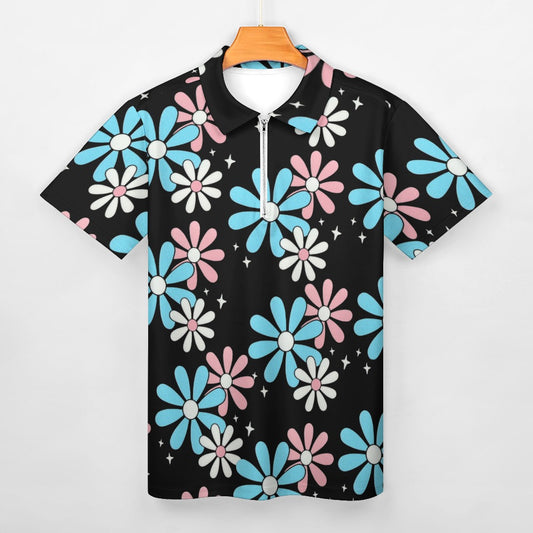 Plus Size Blue Pink White All Over Pride Big Daisies Series Half-Zip Boyfriend Polo