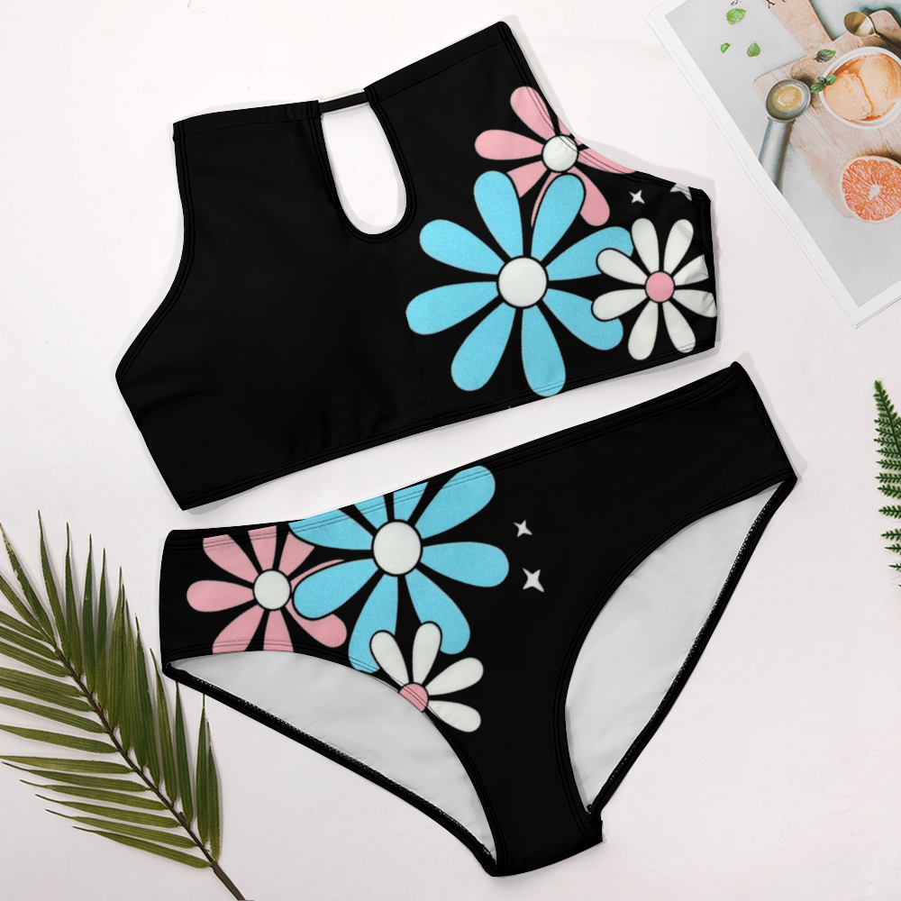 Plus Size Blue Pink White Big Daisies Black Two Piece Stylish Bikini