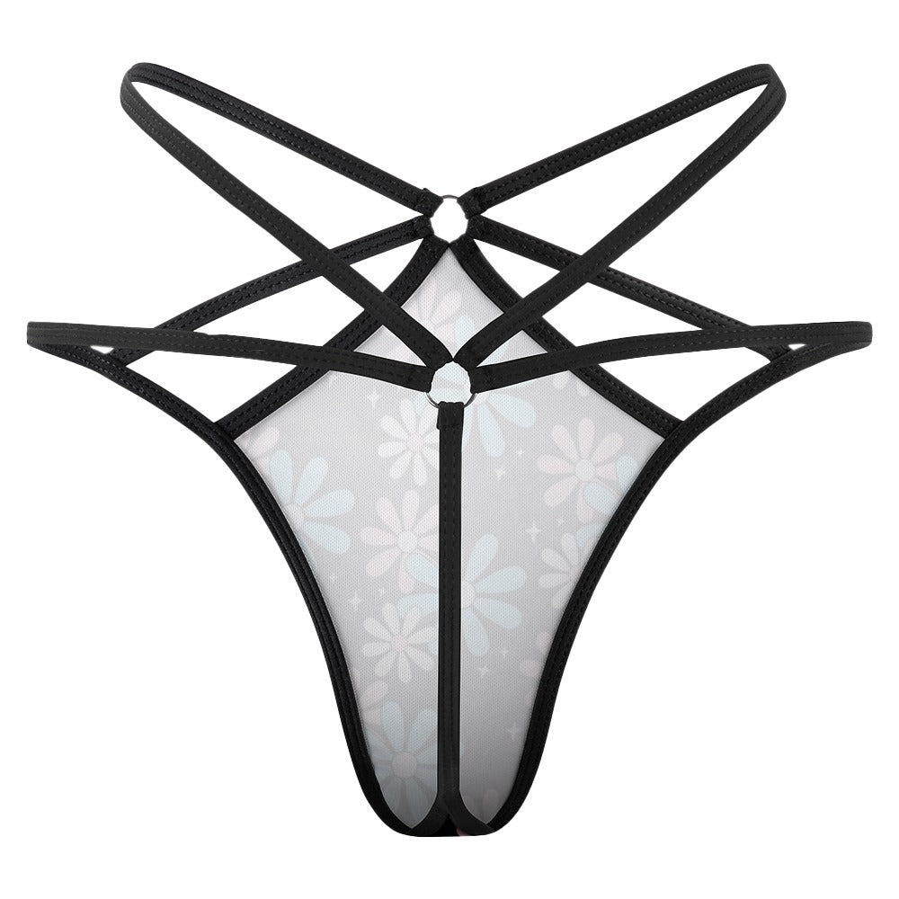 Blue Pink White Big Daisies Pride Black Sexy G-String Thong