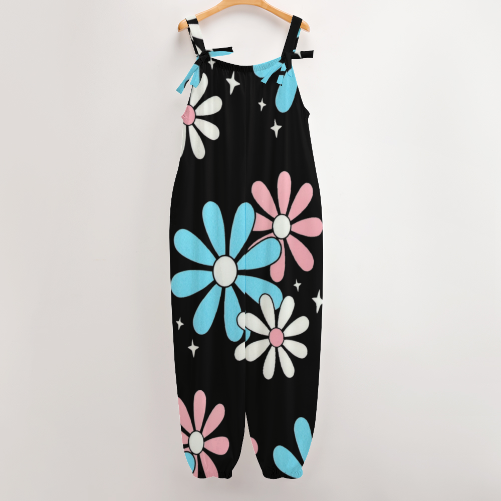 Blue Pink White Big Daisies Pride Black Bow-Tie Dungarees