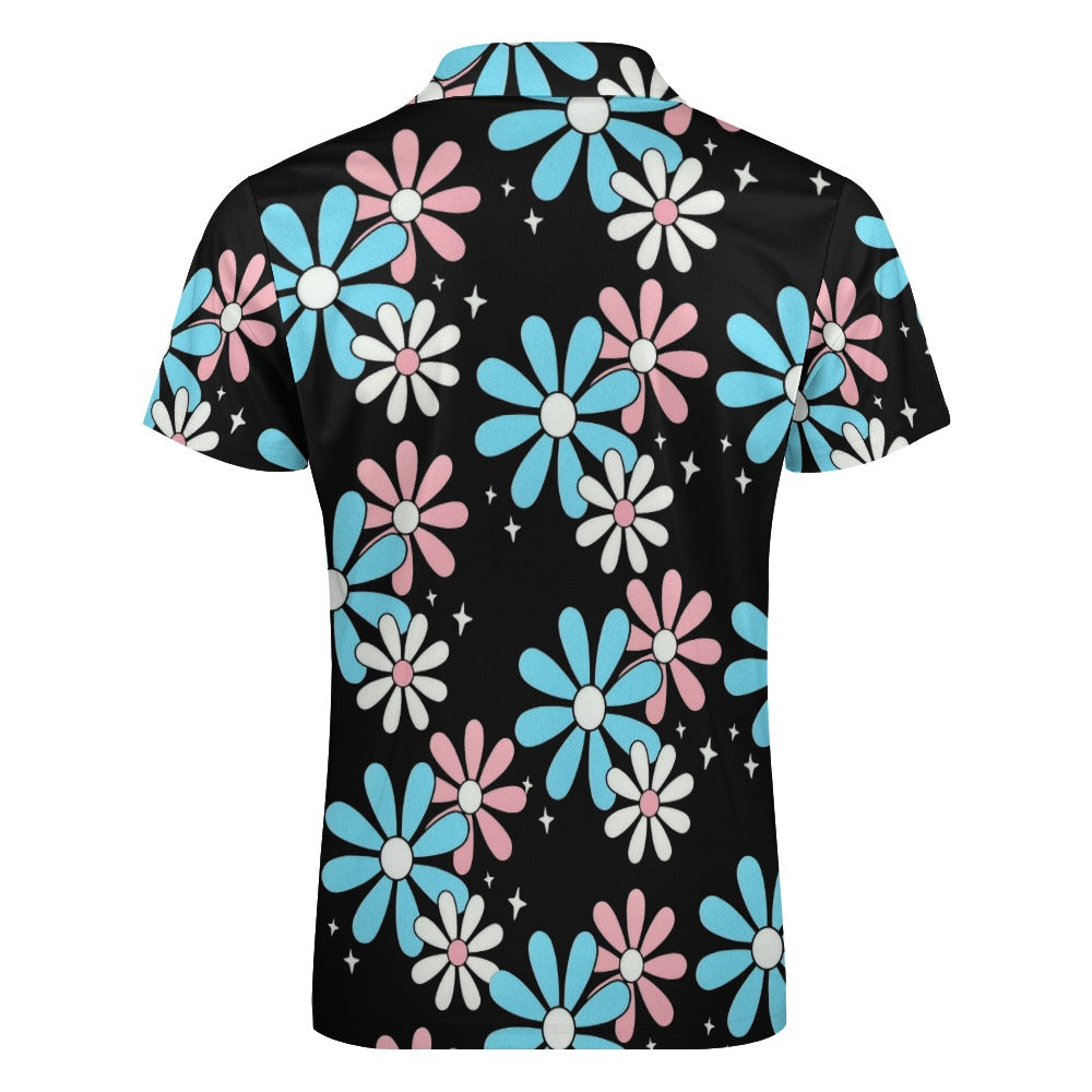 Plus Size Blue Pink White All Over Pride Big Daisies Series Half-Zip Boyfriend Polo