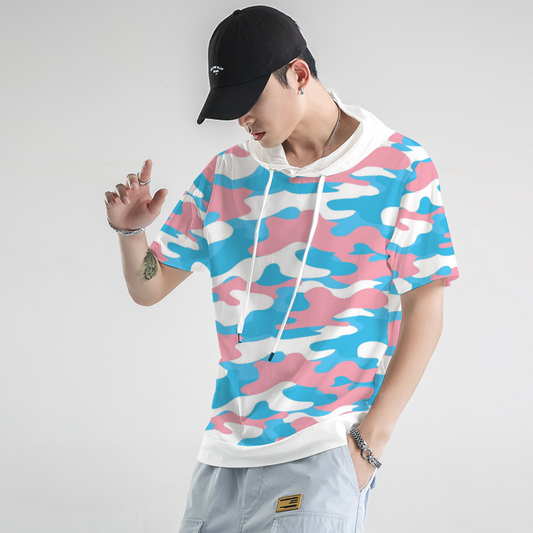 Teen - Plus Size Blue Pink White Pride Camouflage Short-Sleeved Hooded T-Shirt
