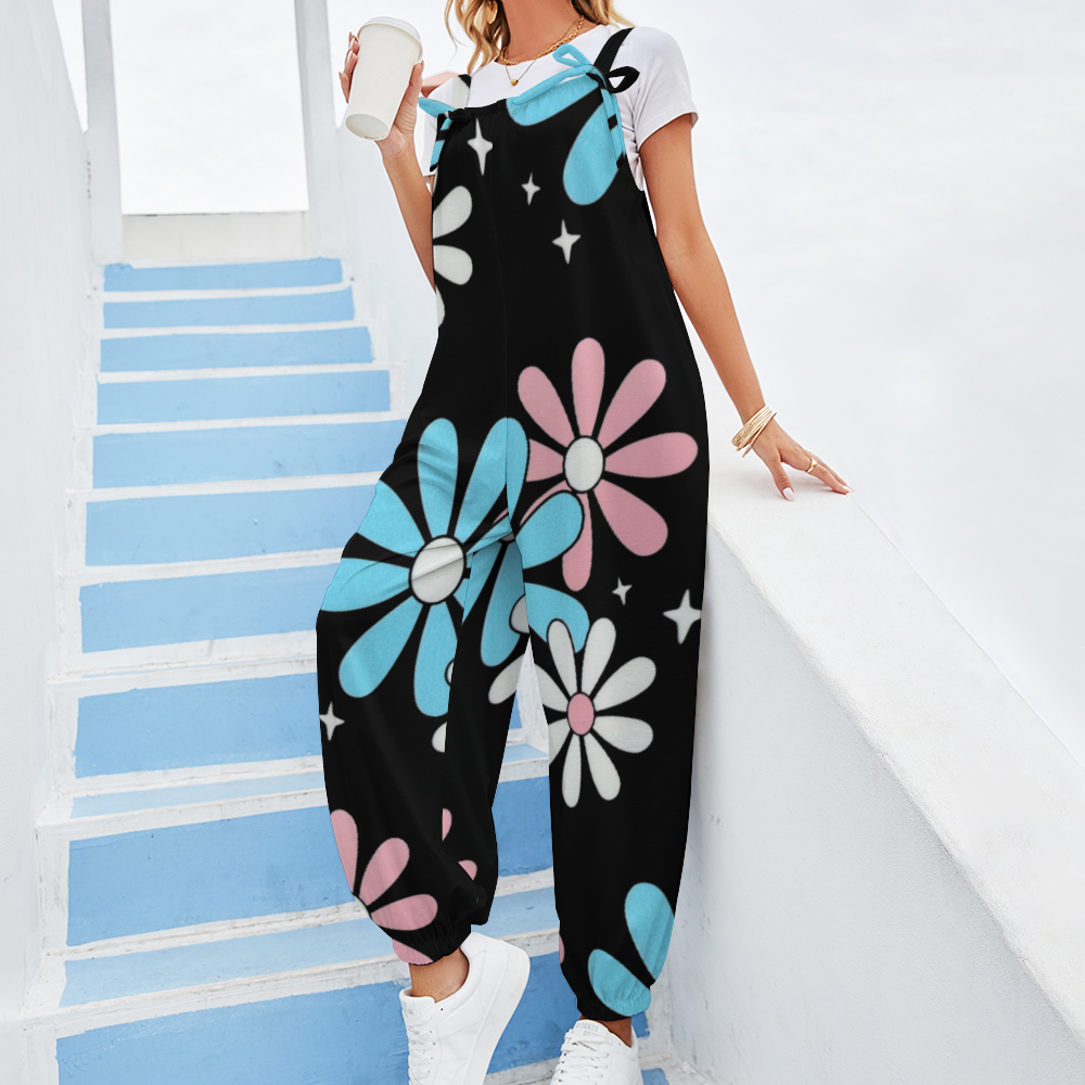Blue Pink White Big Daisies Pride Black Bow-Tie Dungarees