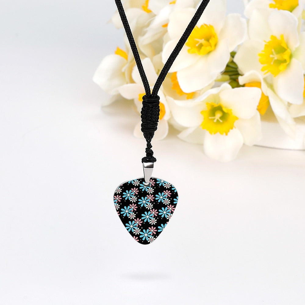 Blue Pink White Big Daisies Titanium Steel Guitar Pick Pendant Necklace