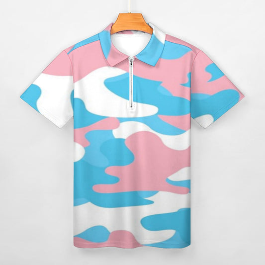 Plus Size Blue Pink White All Over Pride Camouflage Half-Zip Boyfriend Polo