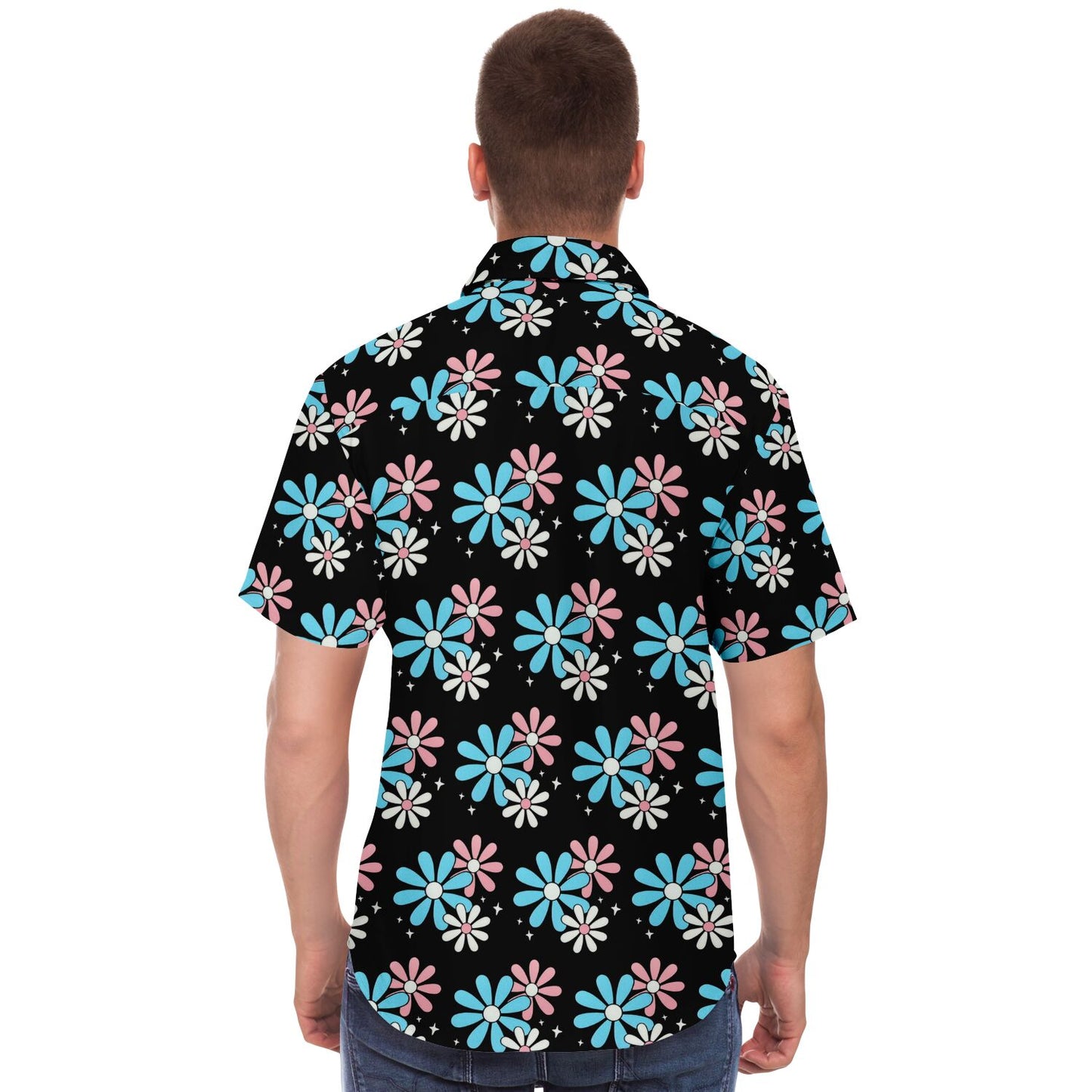 Blue Pink White Big Daisies Series Boyfriend Short Sleeved Shirt
