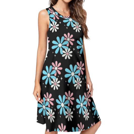 Teen Blue Pink White Big Daisies Series Black Flowy Knee-Length Dress