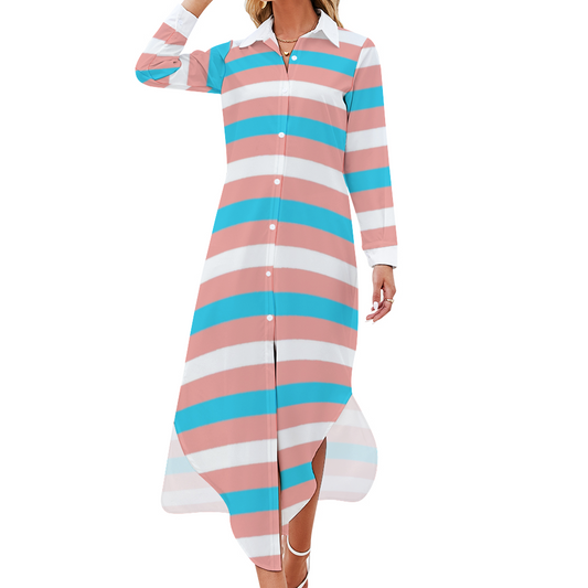Plus Size Blue Pink White Pride Candy Striped Long-Sleeved Ankle-Length Buttoned Nightshirt Dress