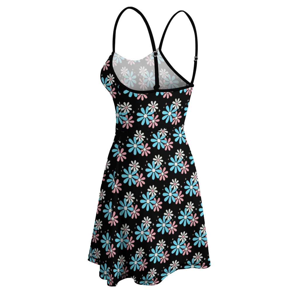 Blue Pink White Big Daisies Series Black Sling Short Dress