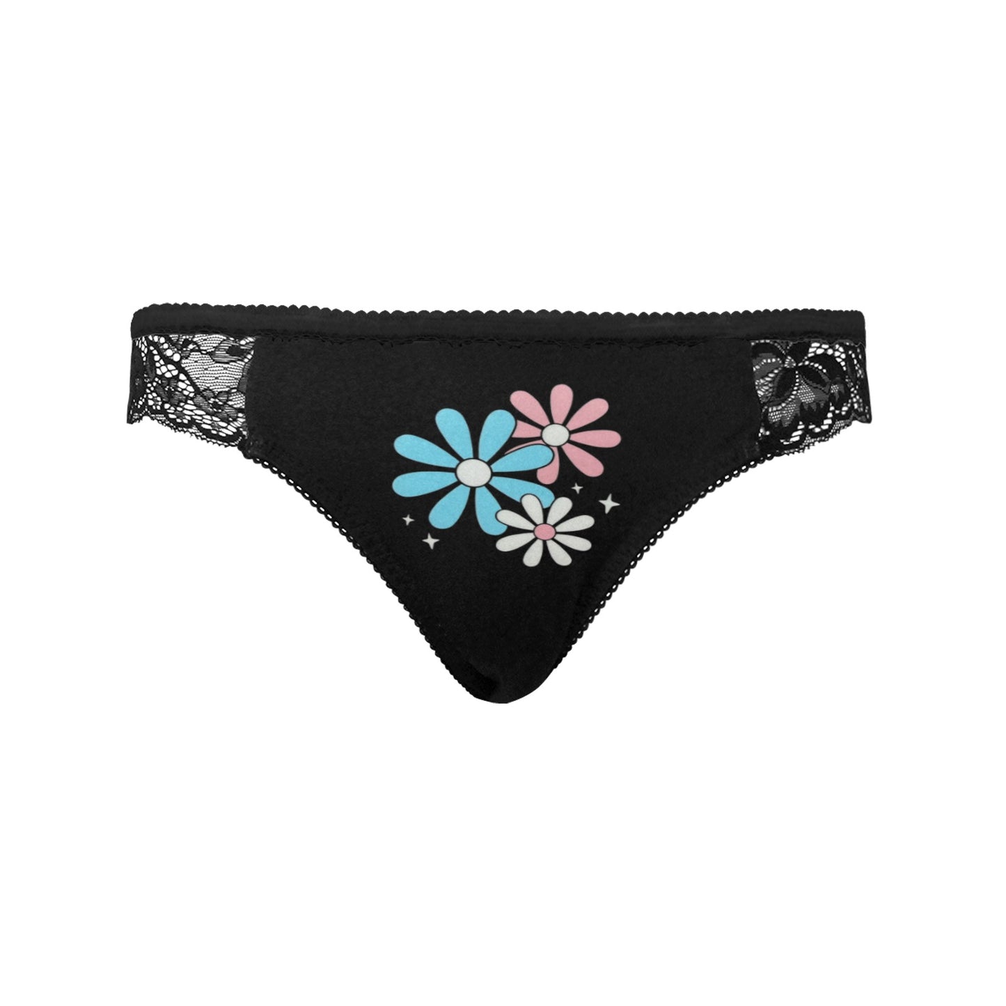 Teen - Plus Size Blue Pink White Big Daisies Black Lace Panties