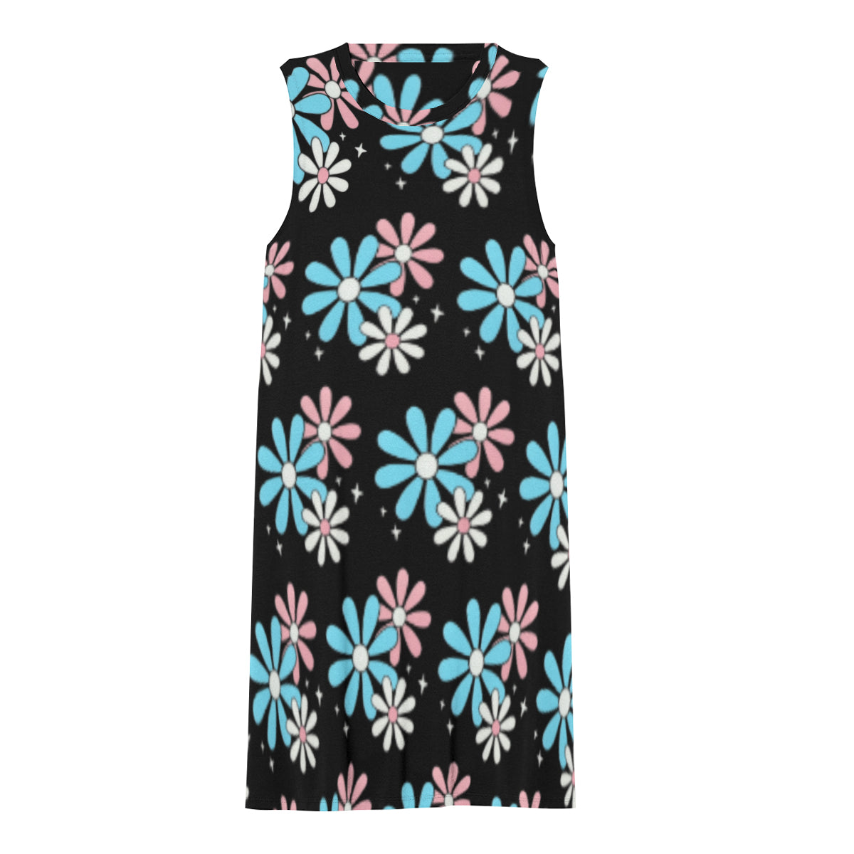 Teen Blue Pink White Big Daisies Series Black Flowy Knee-Length Dress