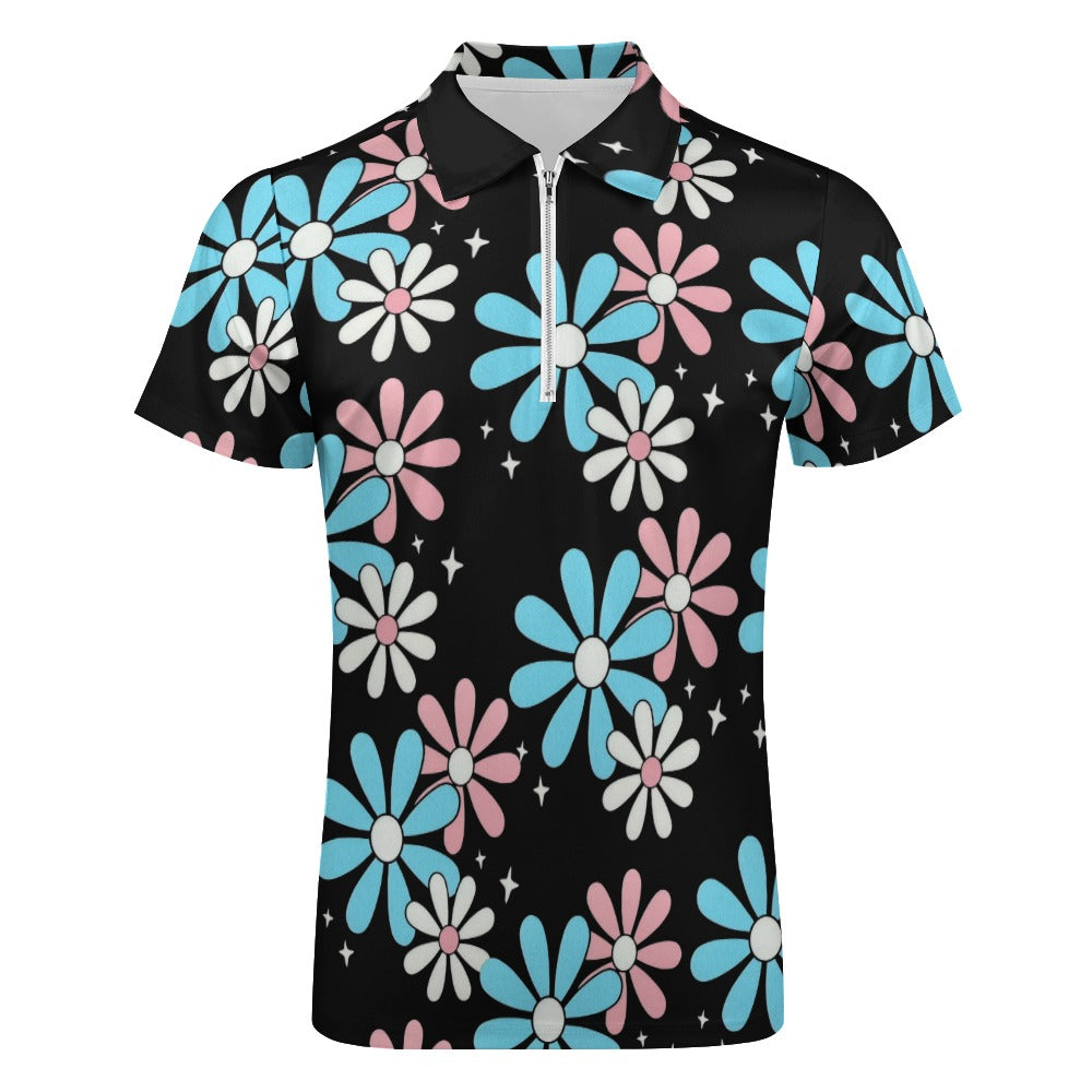 Plus Size Blue Pink White All Over Pride Big Daisies Series Half-Zip Boyfriend Polo
