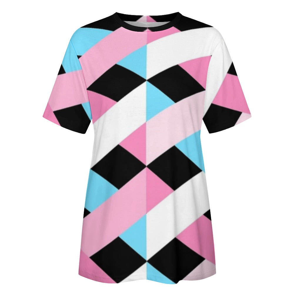 Teen - Plus Size Blue Pink White Pride Lattice Black Cotton T-Shirt