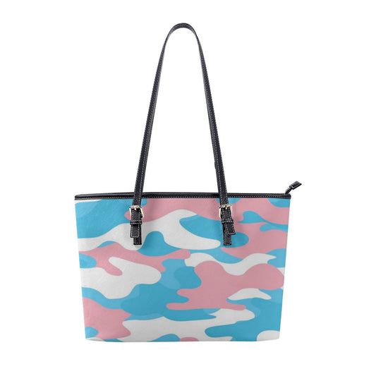 Blue Pink White Trans Pride Camouflage Vegan Leather Shoulder Tote Bag tunnellsCo.