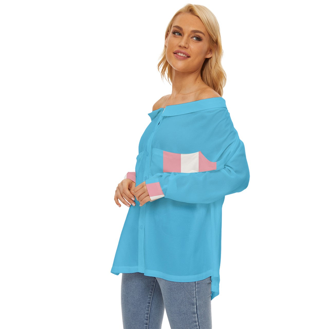 Trans Coloured/Blue Off-Shoulder Chiffon Beach Pocket Shirt tunnellsCo.